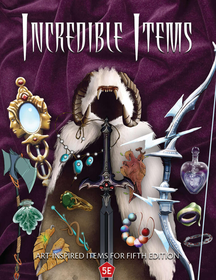 Incredible Items cover image shows ice bow, magic potions, yeti cloak and other treasure