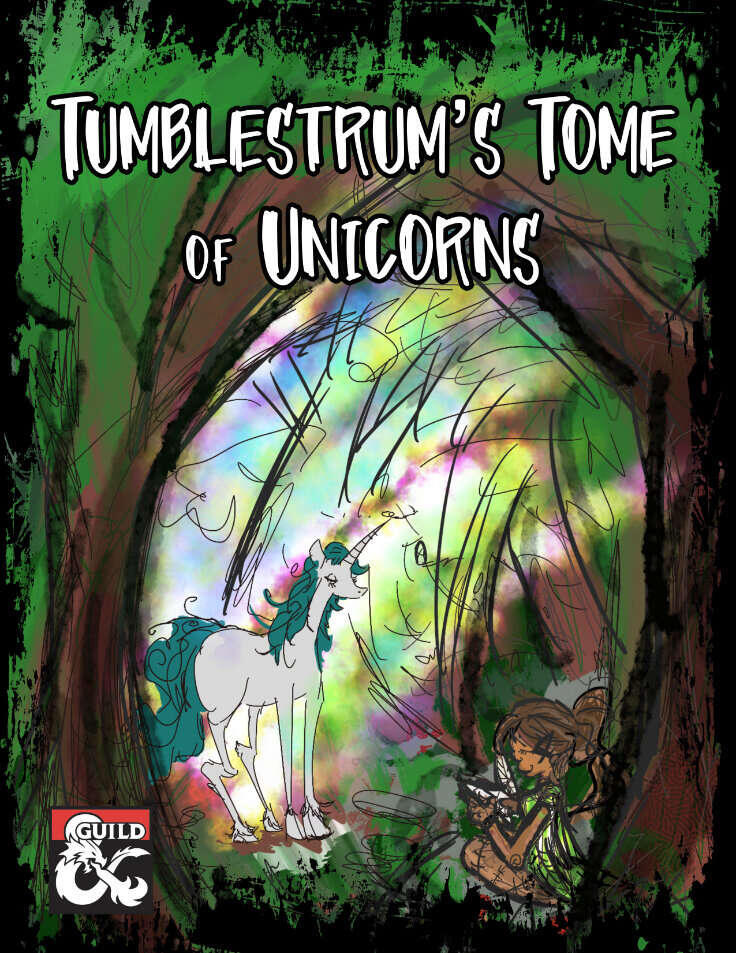 Stylized zine drawing of a unicorn and a fairy in a forest